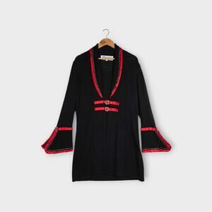 Todd & Olivia Cardigan Jacket Coat Sz 10 Black Knit Red Satin Rhinestones